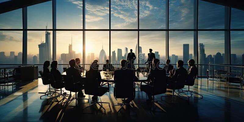 Meeting of the company&#x27;s directorate and negotiations on development issues. Big business. Silhouette of businessmen in a meeting room against the backdrop of large windows. Format photo 1:2. AI generated. Meeting of the company&#x27;s directorate and negotiations on development issues. Big business. Silhouette of businessmen in a meeting room against the backdrop of large windows. Format photo 1:2. AI generated