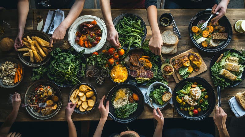 прямо над головой семьи и друзей насладиться вкусным разнообразием праздничной еды за столом. аи бесплатная иллюстрация