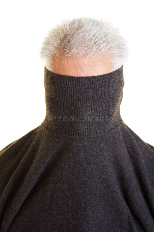 Shy older man hiding behind his turtleneck sweater. Shy older man hiding behind his turtleneck sweater