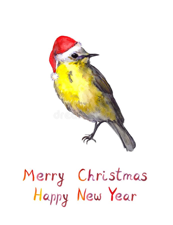 Птица в красной шляпе santa Поздравительная открытка рождества Watercolour иллюстрация штока Птица в красной шляпе santa Поздравительная открытка рождества Watercolour иллюстрация штока