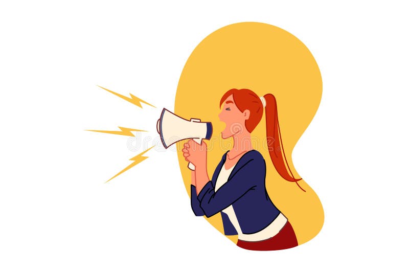 Public announcement, protest concept. Young woman holding megaphone, female rights activist, feminist, promoter shouting message in loudspeaker, social demonstration, marketing. Simple flat vector. Public announcement, protest concept. Young woman holding megaphone, female rights activist, feminist, promoter shouting message in loudspeaker, social demonstration, marketing. Simple flat vector