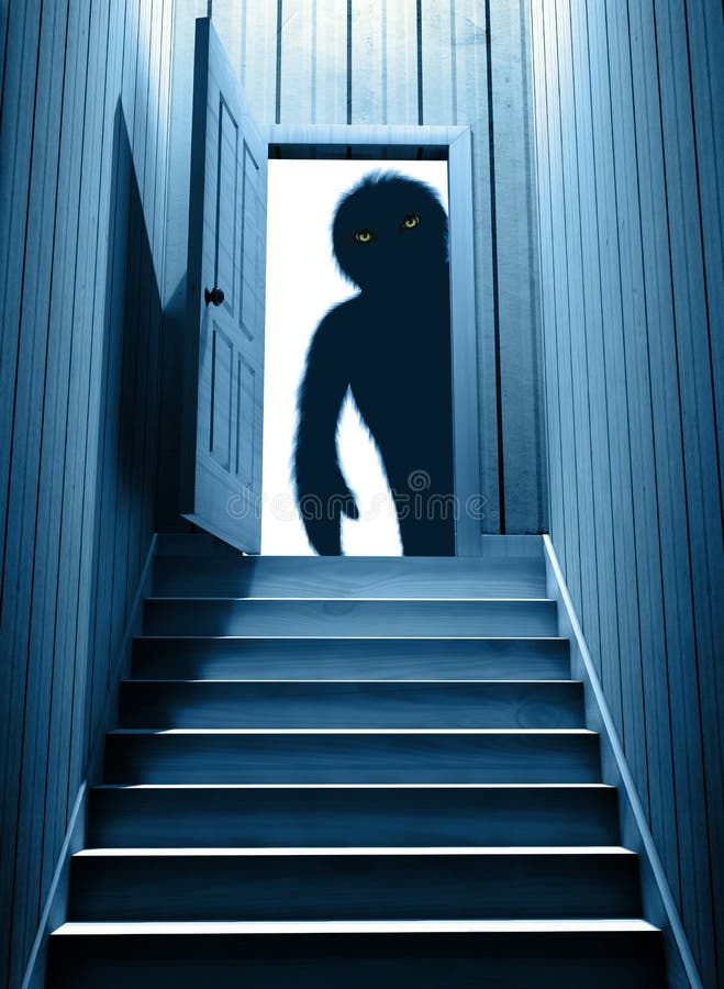 Spooky monster with glowing eyes in opened door steps leading from a dark basement. 3d render. Spooky monster with glowing eyes in opened door steps leading from a dark basement. 3d render