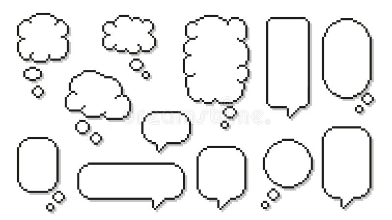 Пузырь облачной речи Pixel Art. Облачная форма комического текстового поля пикселированный 8-битный текст диалоговое окно мысли пу иллюстрация вектора