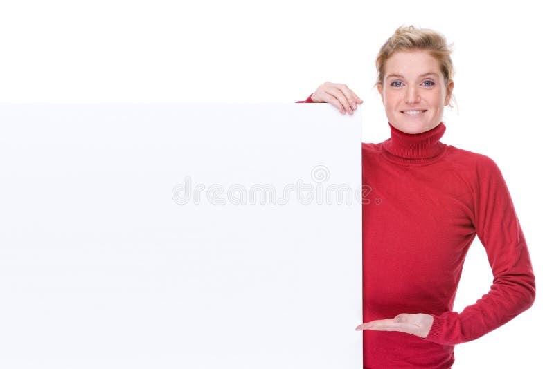 Full isolated portrait of a beautiful caucasian woman with a blank sign. Full isolated portrait of a beautiful caucasian woman with a blank sign