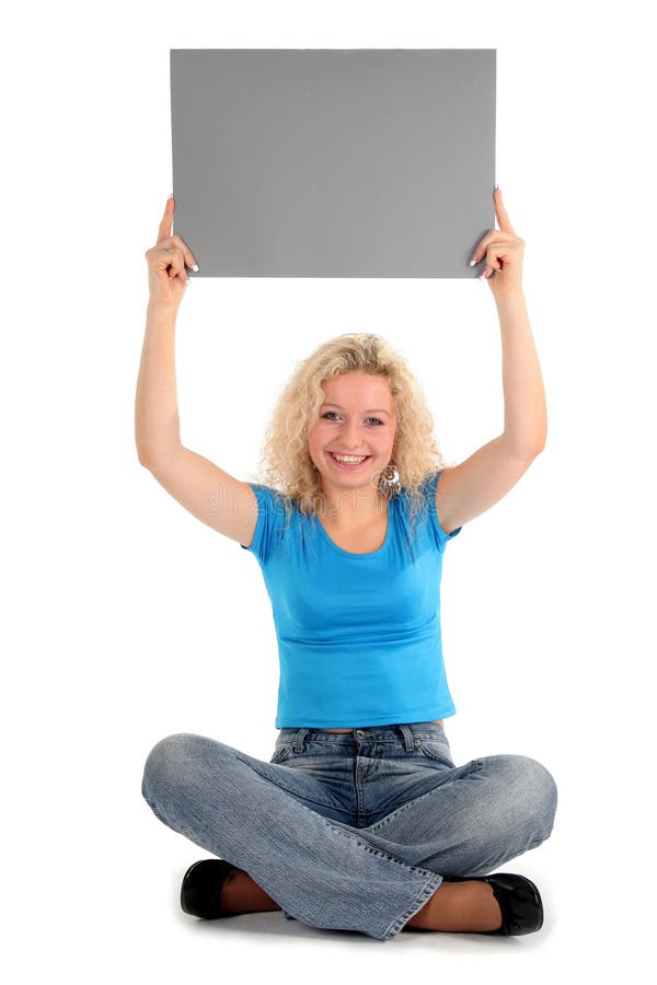 Beautiful woman holding blank sign. Beautiful woman holding blank sign