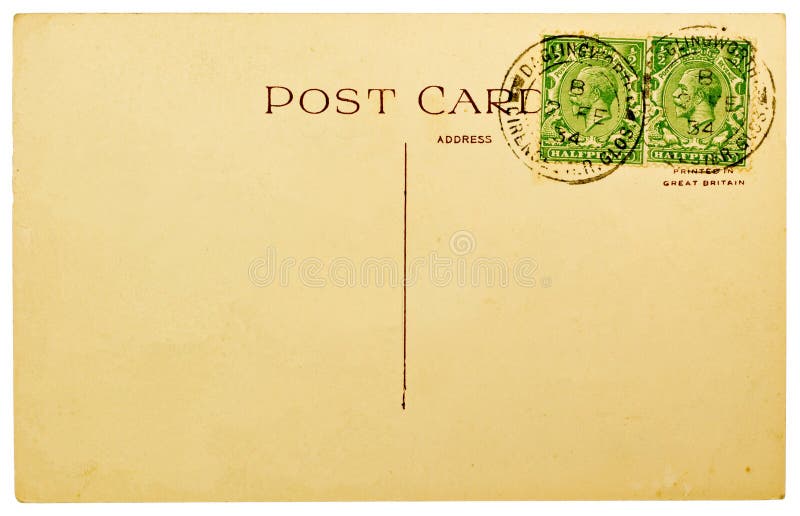 Blank Antique Back of Postcard with Two Cancelled British Stamps Isolated on White Background. Blank Antique Back of Postcard with Two Cancelled British Stamps Isolated on White Background