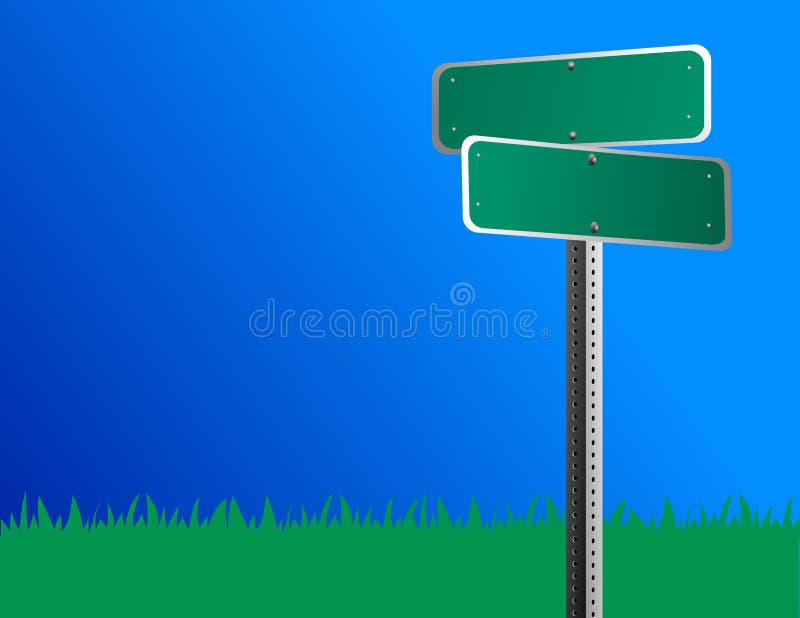 A blank green road/street sign is against a bright blue sky and grass is behind it. A blank green road/street sign is against a bright blue sky and grass is behind it.