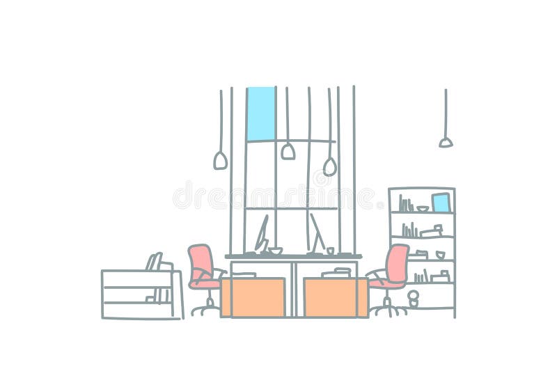 Пустой coworking рабочего места офиса космоса эскиз места для работы co современного внутреннего творческого работая doodle гориз иллюстрация вектора
