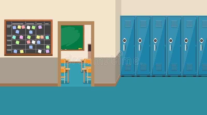 Empty school interior,open door in classroom. Vector illustration in flat style. Empty school interior,open door in classroom. Vector illustration in flat style