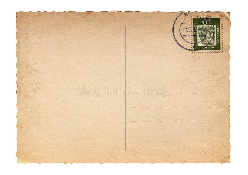 Backside of a blank vintage postcard with stamp in the corner, isolated on white background. Backside of a blank vintage postcard with stamp in the corner, isolated on white background.