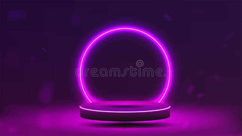 пустой фиолетовый с розовым ярким подиумом. неоновая арка в виде круга над платформой иллюстрация вектора