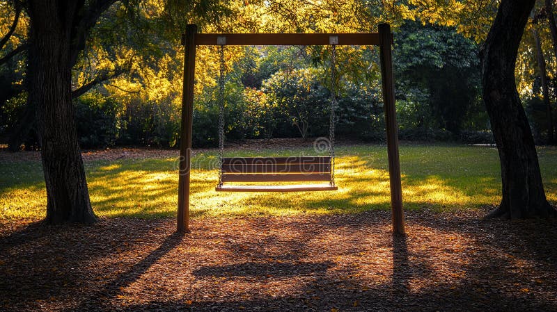 Пустые Swing Park осень солнечный свет спокойная сцена отдыха стоковое фото rf
