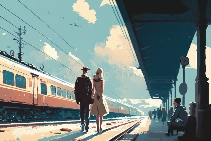 путешествовать. на железнодорожной станции. пара гуляет на улице. красивое творческое искусство. генеративный помощник иллюстрация вектора