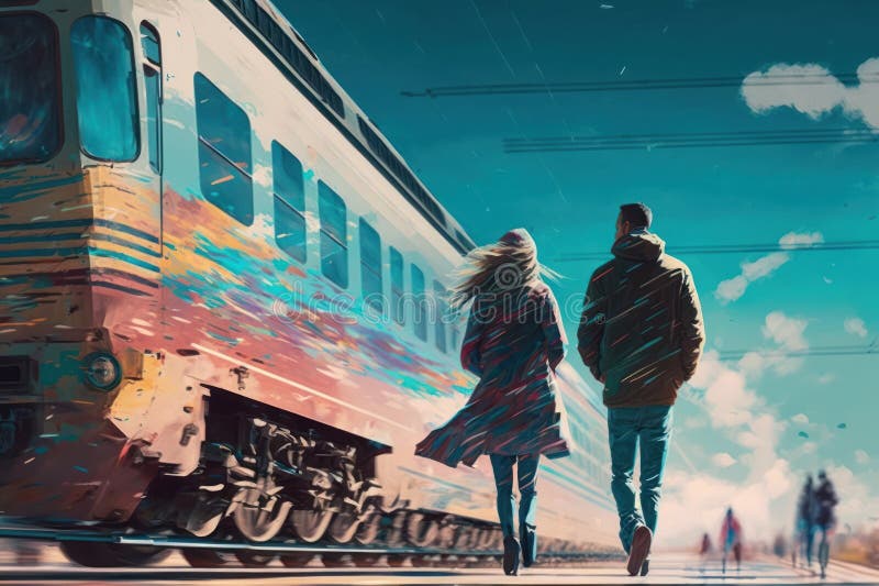 путешествовать. на железнодорожной станции. пара гуляет на улице. красивое творческое искусство. генеративный помощник бесплатная иллюстрация