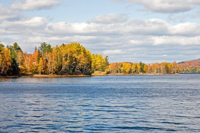 Colorful fall or autumn leaves on the forested shoreline of a rural lake in Maine (USA). Colorful fall or autumn leaves on the forested shoreline of a rural lake in Maine (USA).