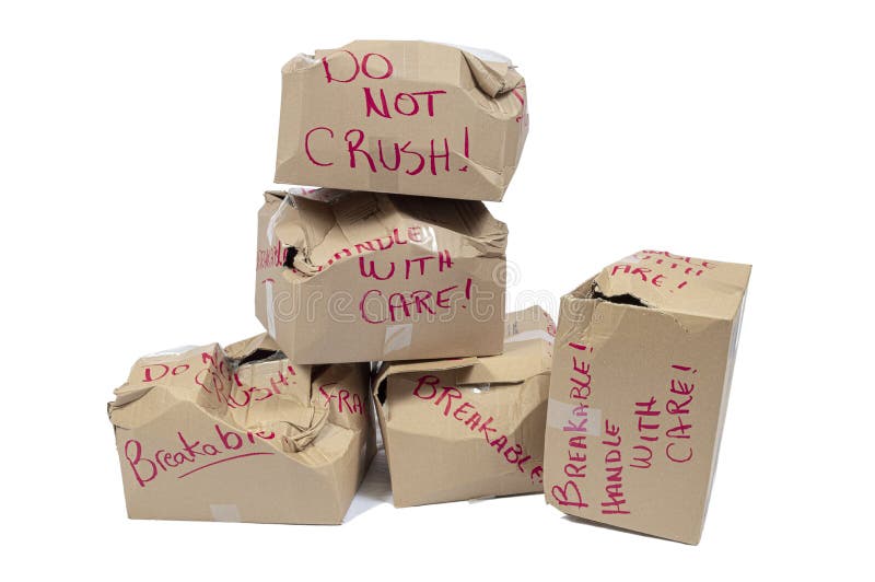 Horizontal shot of Five Fragile Boxes Crushed In Shipping Isolated On White. Horizontal shot of Five Fragile Boxes Crushed In Shipping Isolated On White