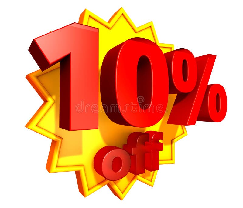 Sign for 10 per cent off in red ciphers at a yellow star on a white background. Sign for 10 per cent off in red ciphers at a yellow star on a white background