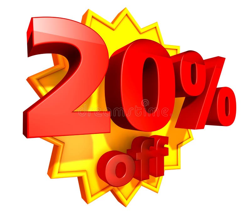 Sign for 20 per cent off in red ciphers at a yellow star on a white background. Sign for 20 per cent off in red ciphers at a yellow star on a white background