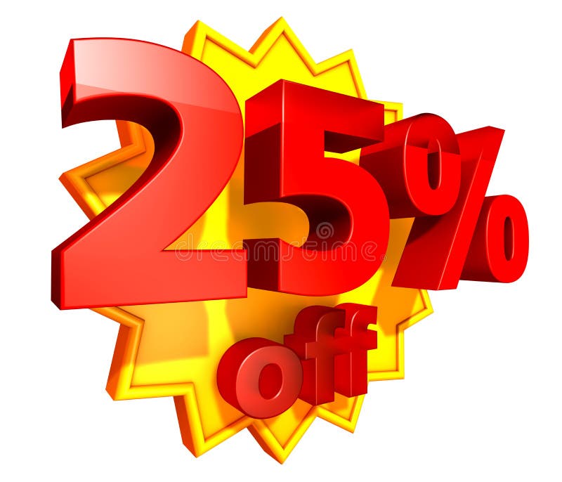Sign for 25 per cent off in red ciphers at a yellow star on a white background. Sign for 25 per cent off in red ciphers at a yellow star on a white background