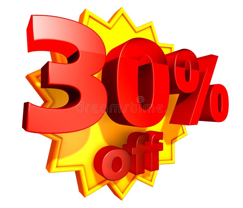 Sign for 30 per cent off in red ciphers at a yellow star on a white background. Sign for 30 per cent off in red ciphers at a yellow star on a white background