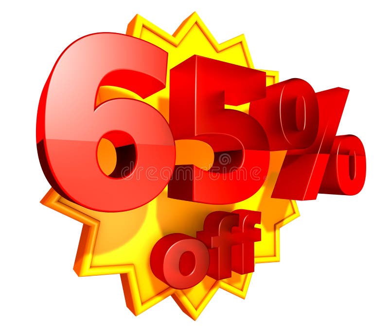 Sign for 65% percent off in red ciphers at a yellow star on a white background. Sign for 65% percent off in red ciphers at a yellow star on a white background