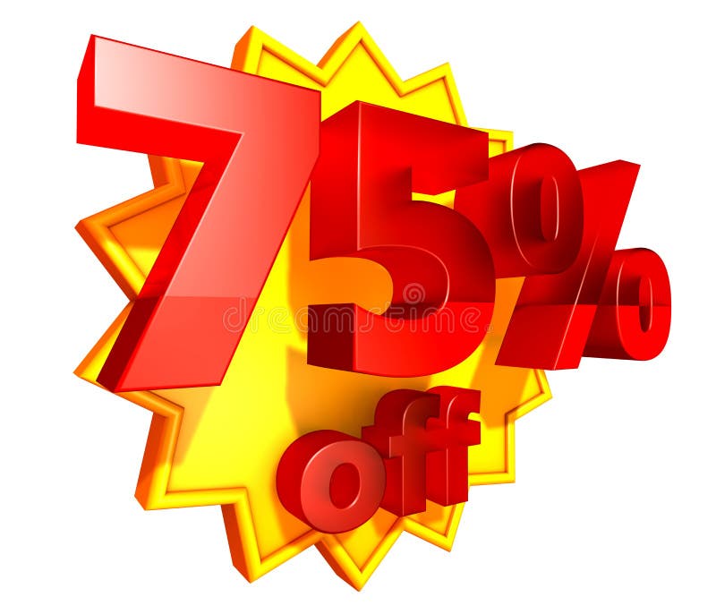Sign for 75 per cent off in red ciphers at a yellow star on a white background. Sign for 75 per cent off in red ciphers at a yellow star on a white background