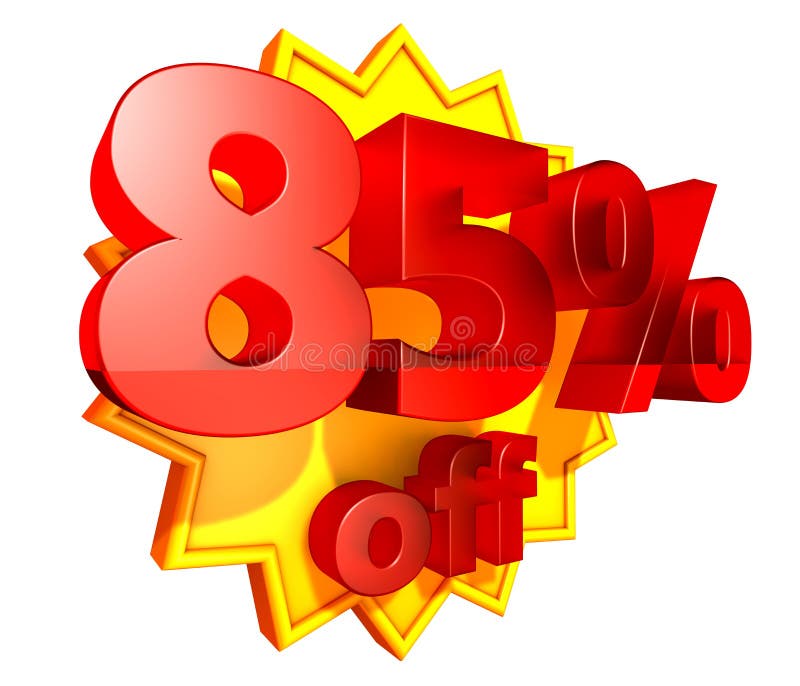 Sign for 85 per cent off in red ciphers at a yellow star on a white background. Sign for 85 per cent off in red ciphers at a yellow star on a white background