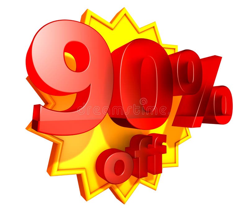 Sign for 90 per cent off in red ciphers at a yellow star on a white background. Sign for 90 per cent off in red ciphers at a yellow star on a white background