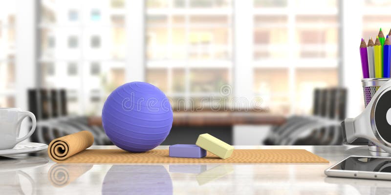 Работайте шарик на столе офиса, предпосылку циновки и pilates дела нерезкости иллюстрация 3d иллюстрация вектора Работайте шарик на столе офиса, предпосылку циновки и pilates дела нерезкости иллюстрация 3d иллюстрация вектора