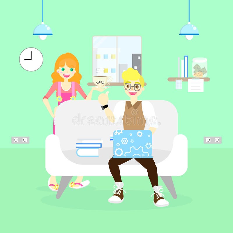работать бизнесмена женатых пар независимый дома на каникулах праздника выходных, сидя на софе кресла с тетрадью ноутбука иллюстрация штока работать бизнесмена женатых пар независимый дома на каникулах праздника выходных, сидя на софе кресла с тетрадью ноутбука иллюстрация штока