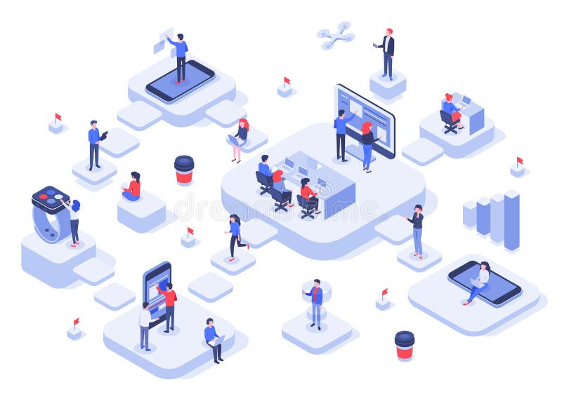 Равновеликая команда работы Платформы рабочих мест облака, современный процесс потока операций команд и вектор запуска 3d строите иллюстрация штока
