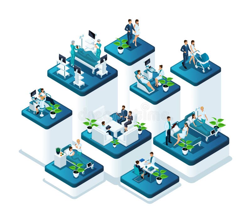 Isometric medina concept of the maternity hospital, family planning in the hospital, pregnant women, newborn. Conception of the birth of children in the clinic. Isometric medina concept of the maternity hospital, family planning in the hospital, pregnant women, newborn. Conception of the birth of children in the clinic.