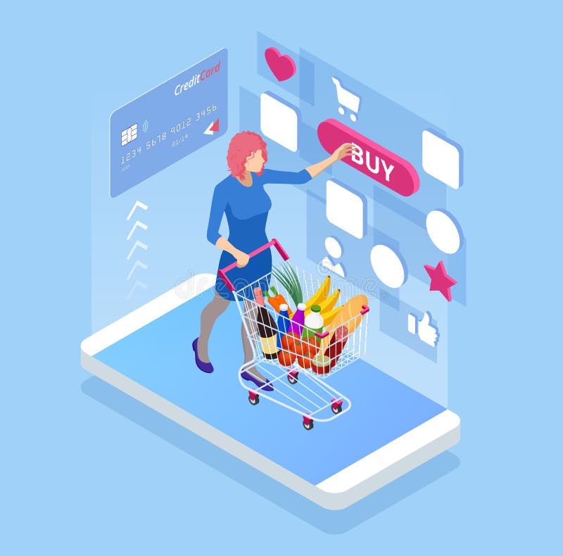 Равновеликая покупая еда онлайн, концепция e-супермаркета Умный телефон с посещением магазина бакалеи онлайн бесплатная иллюстрация Равновеликая покупая еда онлайн, концепция e-супермаркета Умный телефон с посещением магазина бакалеи онлайн бесплатная иллюстрация