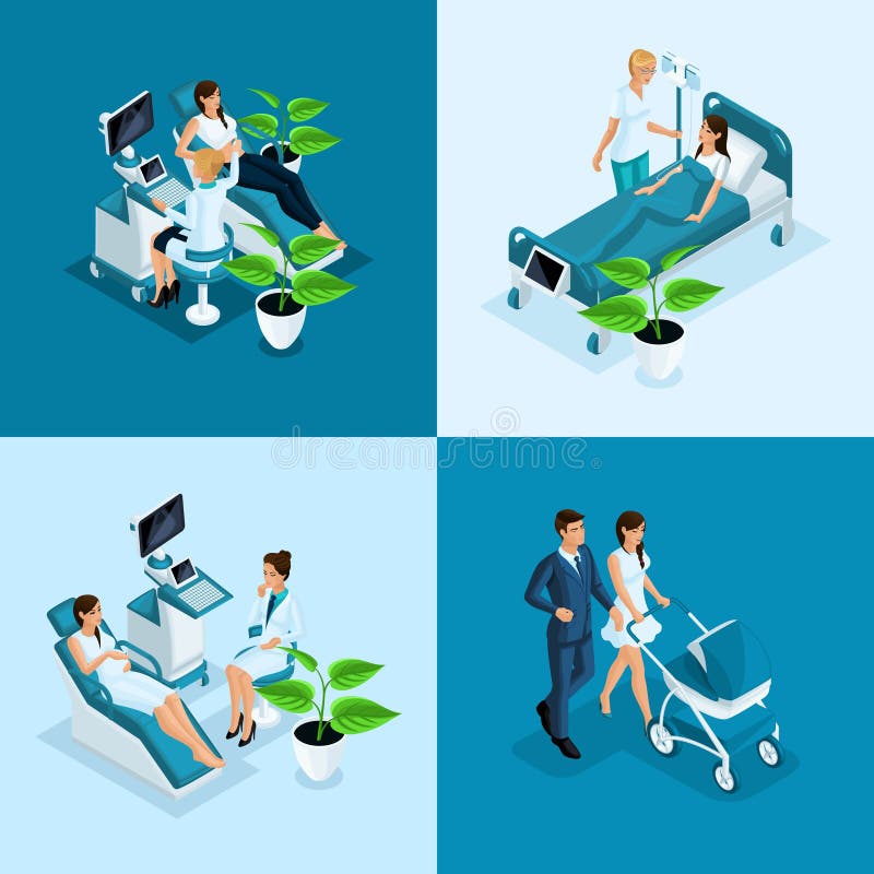 Isometric 4 mini Maternity clinic concepts, ultrasound, monitoring a pregnant woman, diagnosing pathologies, nursing care, childbirth. Isometric 4 mini Maternity clinic concepts, ultrasound, monitoring a pregnant woman, diagnosing pathologies, nursing care, childbirth.