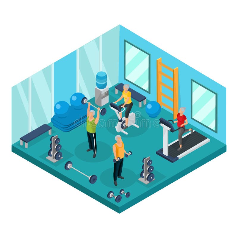 Isometric pensioners in gym concept with grandfathers lifting dumbbels barbells and grandmothers running on treadmill and exercising bike vector illustration. Isometric pensioners in gym concept with grandfathers lifting dumbbels barbells and grandmothers running on treadmill and exercising bike vector illustration