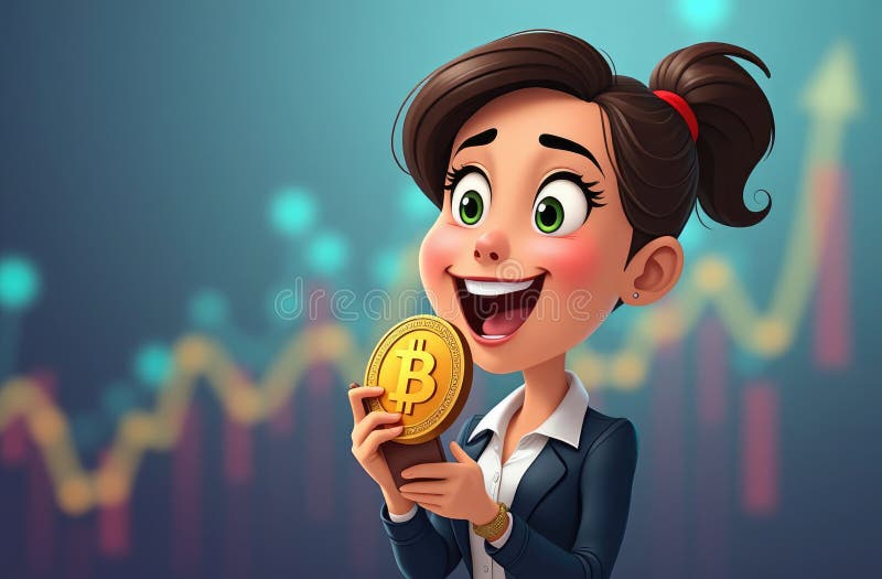радостная бизнесвумен, проверяющая рост биткоина на графике телефона в фоне смешная иллюстрация иллюстрация штока