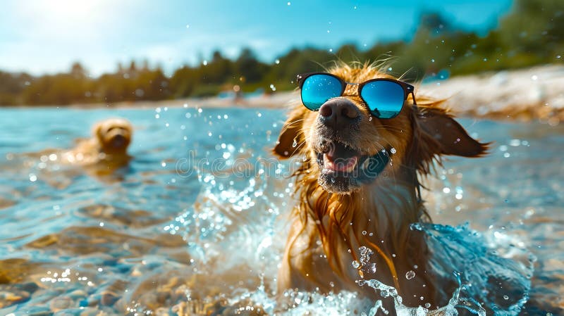 радостная собака в солнечных очках, брызгающая в воде в солнечный день. летнее развлечение на свежем воздухе иллюстрация вектора