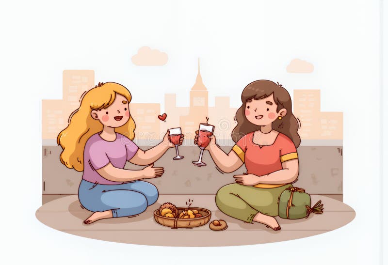 Радостные Blonde и Brunette Chibi персонажи, наслаждаясь вином и закусками на крыше в стилизованном городском пейзаже : Веселое пи иллюстрация штока