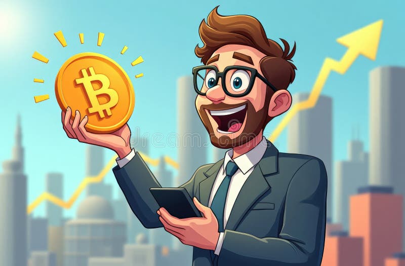 радостный бизнесмен проверяет рост биткоина на графике своего телефона в фоне смешная иллюстрация иллюстрация штока