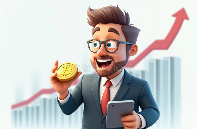 радостный бизнесмен проверяет рост биткоина на графике своего телефона в фоне смешная иллюстрация иллюстрация вектора