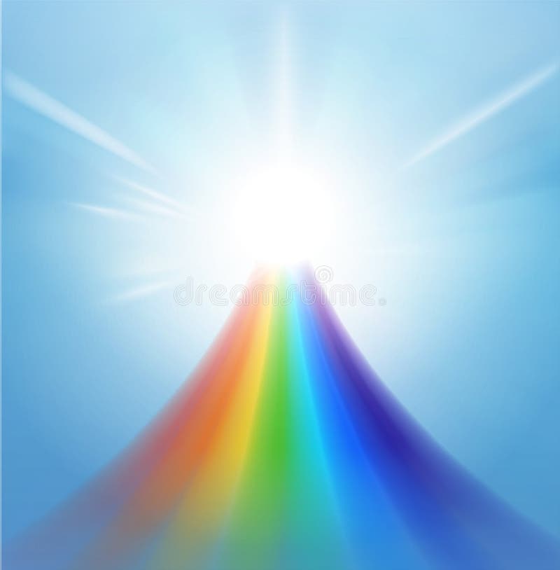 Abstract Rainbow path on light blue sky with bright white light and sun burst rays at the end. Heaven, afterlife, soul path, rainbow bridge concept. Abstract Rainbow path on light blue sky with bright white light and sun burst rays at the end. Heaven, afterlife, soul path, rainbow bridge concept.