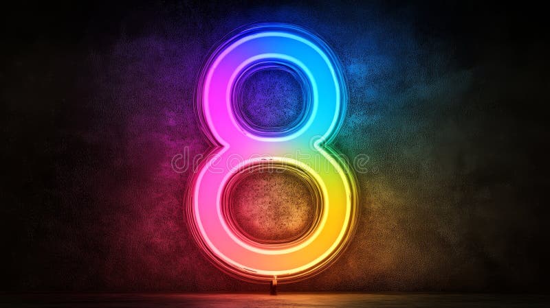 радужный знак neon number 8 на фоне стены с темной гранжем 3d бесплатная иллюстрация