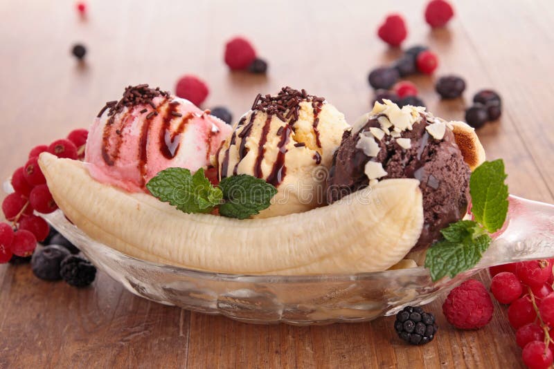 Close up on banana split. Close up on banana split