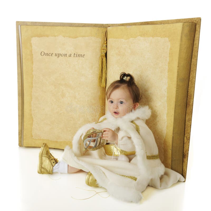 An adorable baby Snow Princess sitting in front of a giant book opened to a page that says Once Upon a Time. The rest is left blank for your text. On a white background. An adorable baby Snow Princess sitting in front of a giant book opened to a page that says Once Upon a Time. The rest is left blank for your text. On a white background.