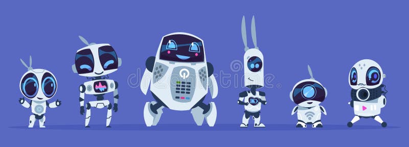 Развитие роботов Творческие персонажи из мультфильма футуристических роботов, концепция развития образования искусственного интел иллюстрация вектора
