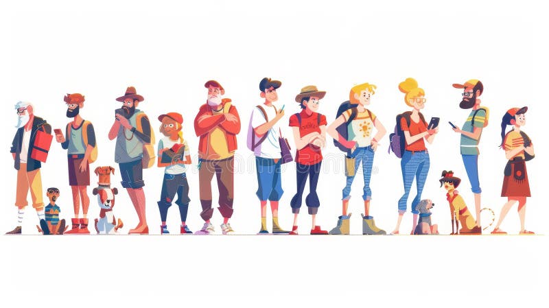 Different characters standing in long queue. Adults, old people, kids, a girl with a dog, a student using a phone and many more. Modern illustration, flat style.. AI generated. Different characters standing in long queue. Adults, old people, kids, a girl with a dog, a student using a phone and many more. Modern illustration, flat style.. AI generated