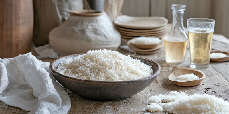 Разнообразие продуктов на основе риса, таких как бумага для лапши и алкоголя витрины риса кулинарное влияние бесплатная иллюстрация