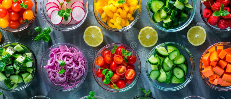 The bowls are arranged in a row, with some containing more colorful produce than others. Scene is healthy and inviting. The bowls are arranged in a row, with some containing more colorful produce than others. Scene is healthy and inviting