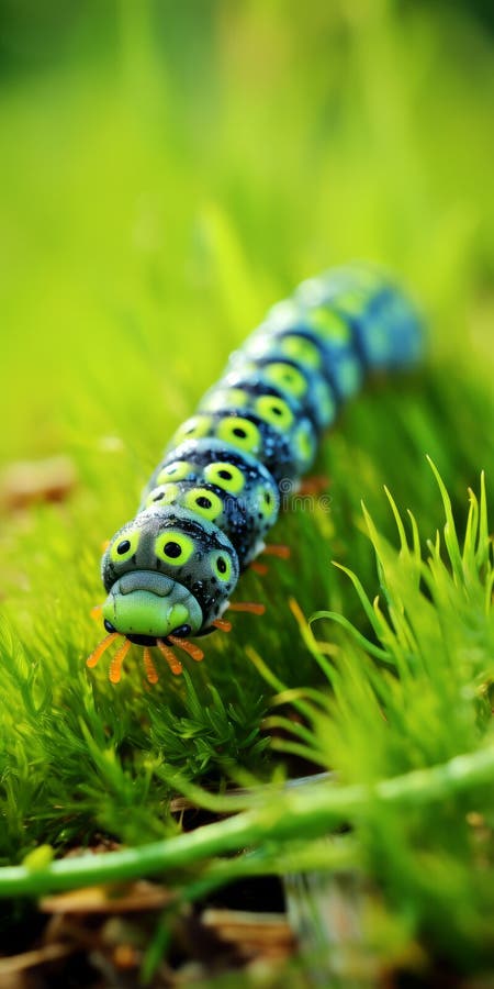 разноцветные гусеницы на траве : керамический snailcore с подробным фоном иллюстрация штока
