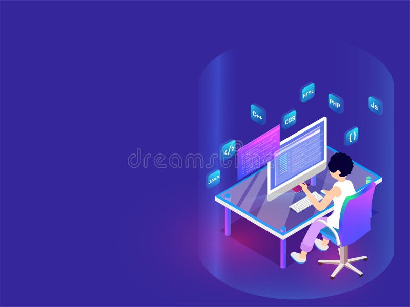 Разработчик работая на настольных, различных sig языков программирования бесплатная иллюстрация Разработчик работая на настольных, различных sig языков программирования бесплатная иллюстрация